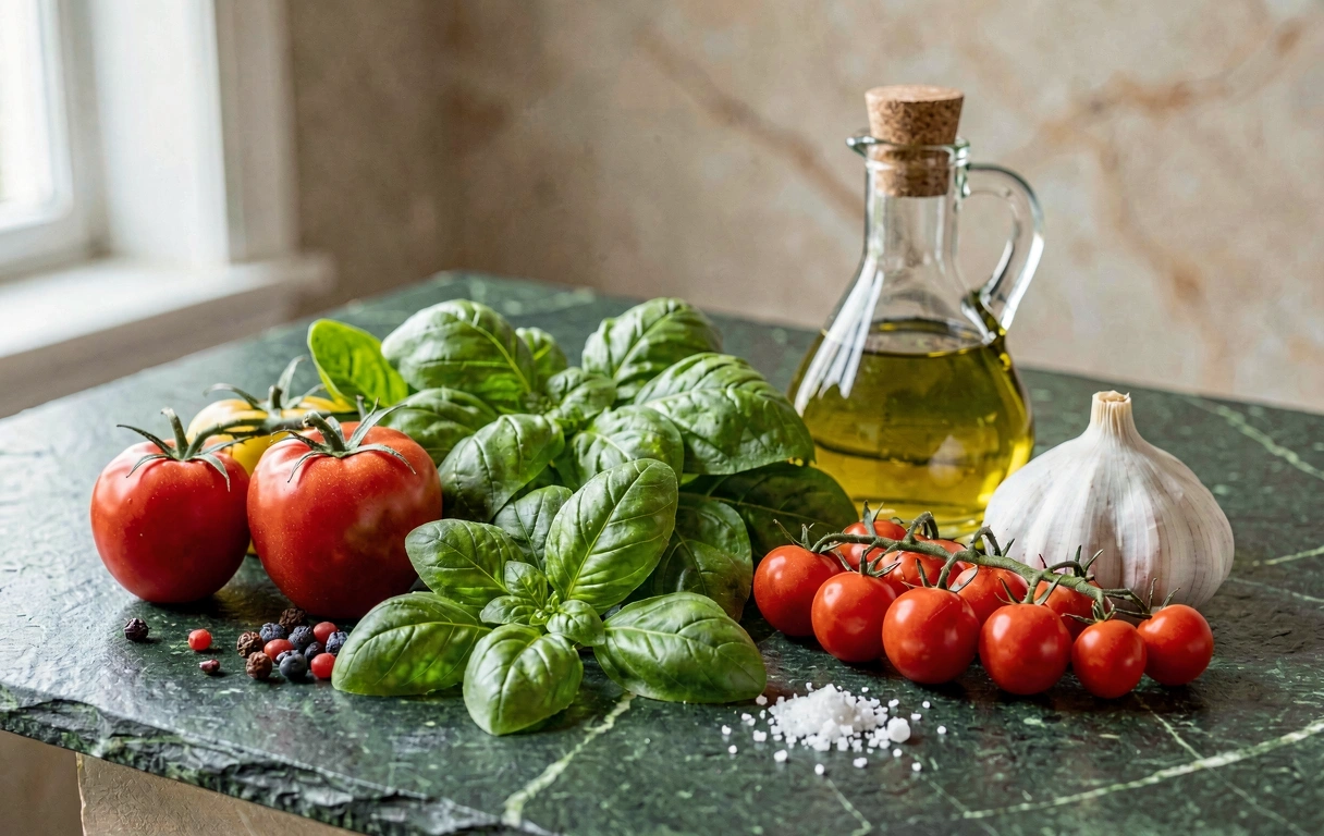 Ingredientes frescos mediterráneos reflejando pureza y transparencia